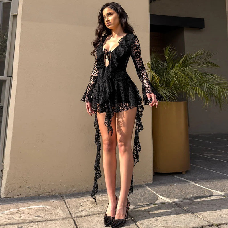 Virelle Noir Lace Asymmetrical Dress Rise Fashion