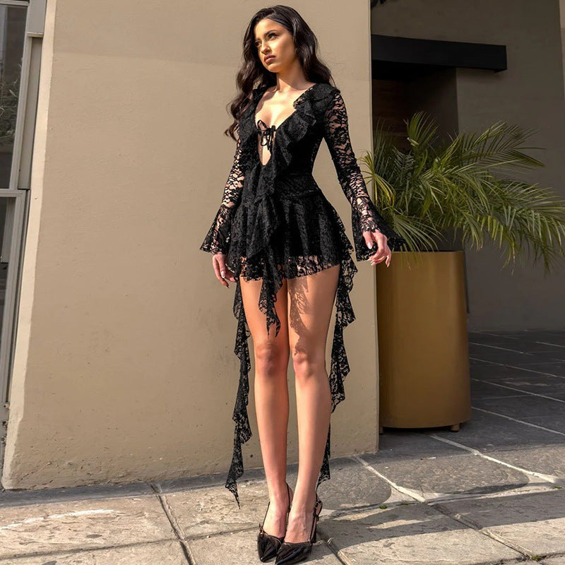 Virelle Noir Lace Asymmetrical Dress Rise Fashion