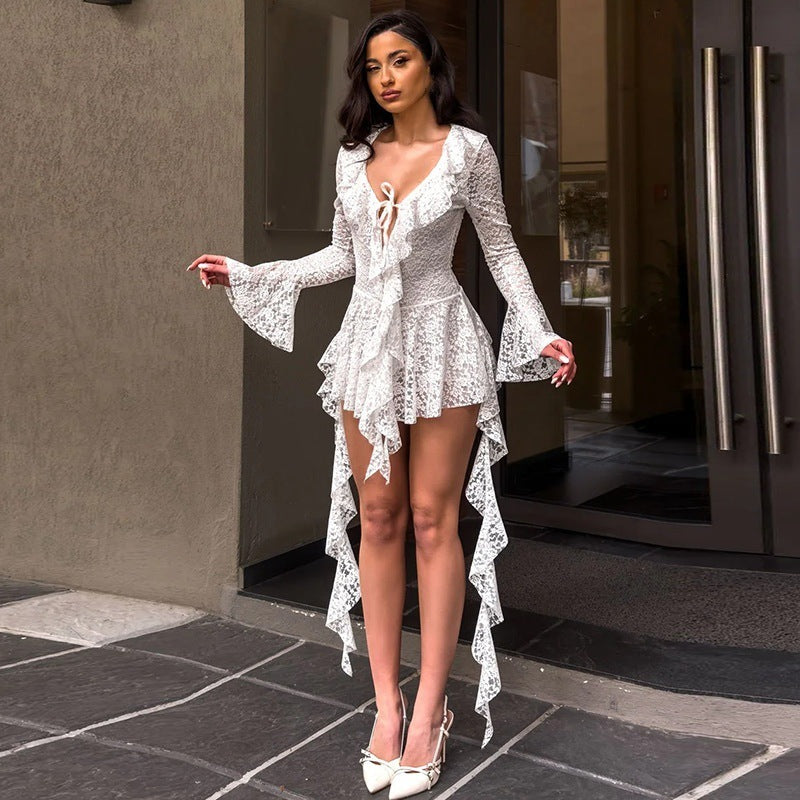 Virelle Noir Lace Asymmetrical Dress Rise Fashion