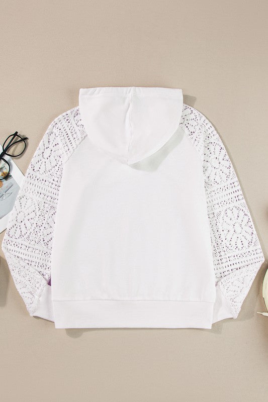 Women Lace Patchwork Sleeve Drawstring Hoodie YNIQUE