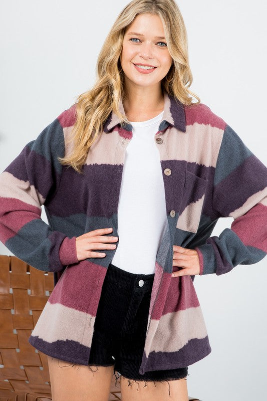 PLUS FUZZY STRIPE BUTTON DOWN SHACKET e Luna