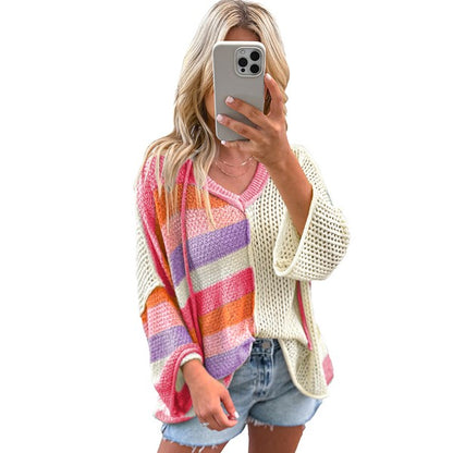 Women Oversized Colorblock V Neck Hooded Sweater YNIQUE