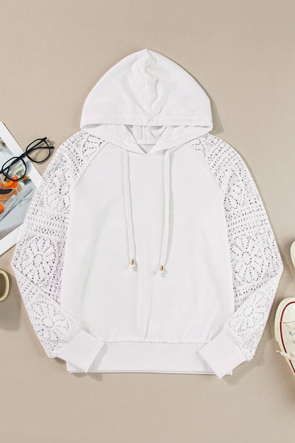 Women Lace Patchwork Sleeve Drawstring Hoodie YNIQUE