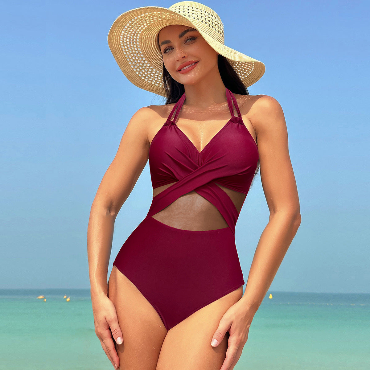 Celvara Mesh Cross-Strap One-Piece Rise Fashion