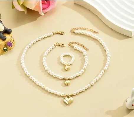 Heart Faux  Pearl Necklace, Bracelet, Ring set Rise Fashion
